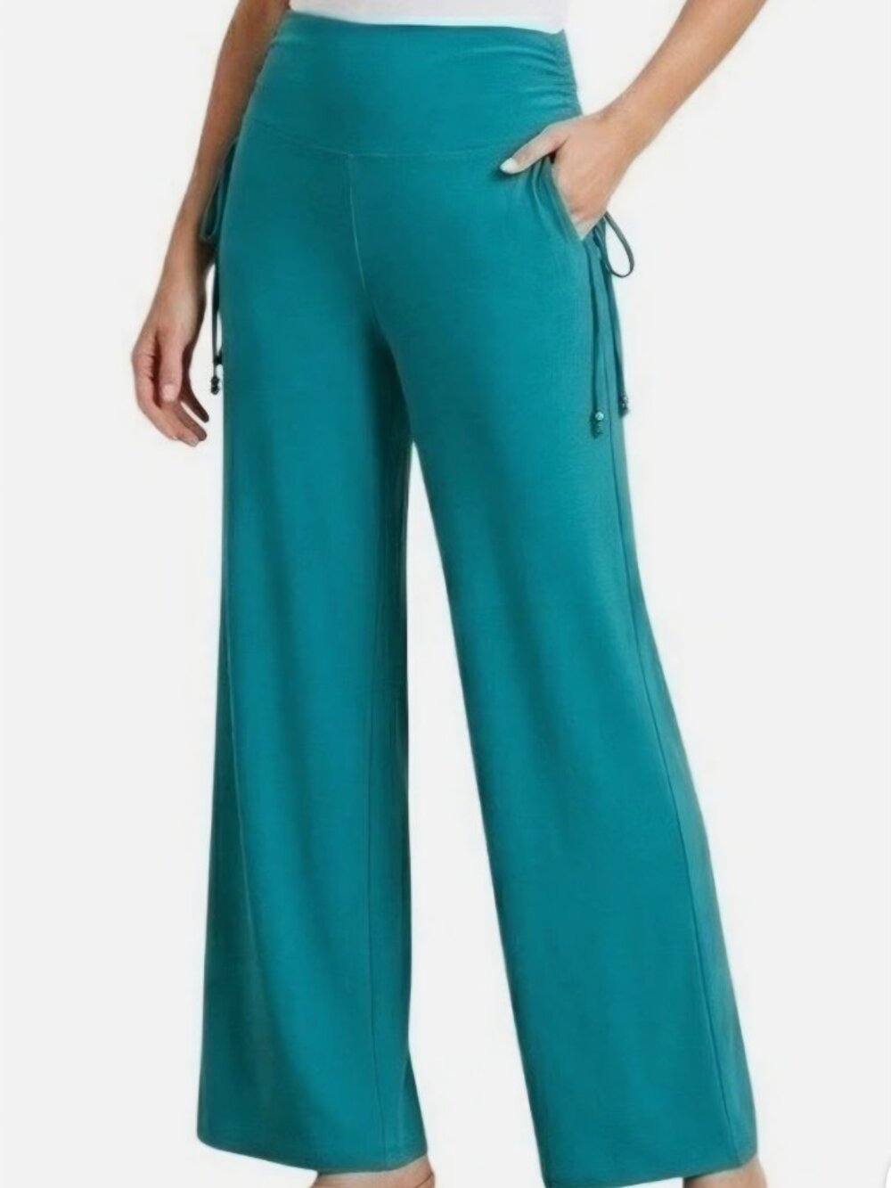 White House Black Market S Ruched Waist Wide Leg Slinky Pants Teal Festive Boho